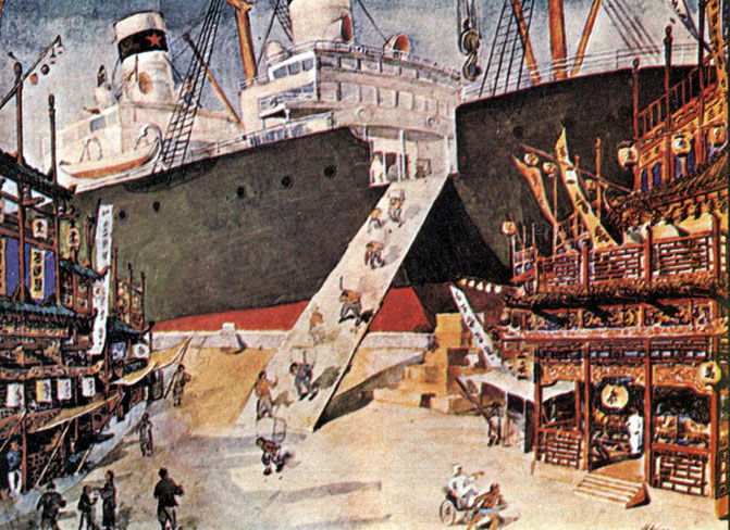 Ескіз декорації до балету «Червоний мак» Р. Ґлієра. 1927. Папір, акварель